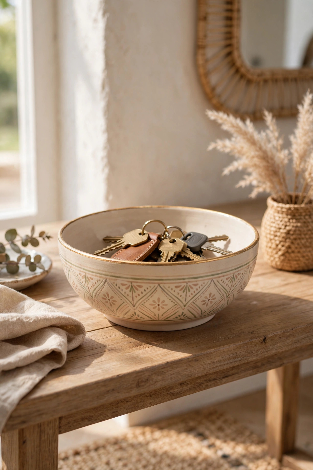 19 Dollar Store Decor Ideas That Look Way More Expensive 20 Hand-painted beige decorative bowl with a thin gold rim holding keys on an entryway table