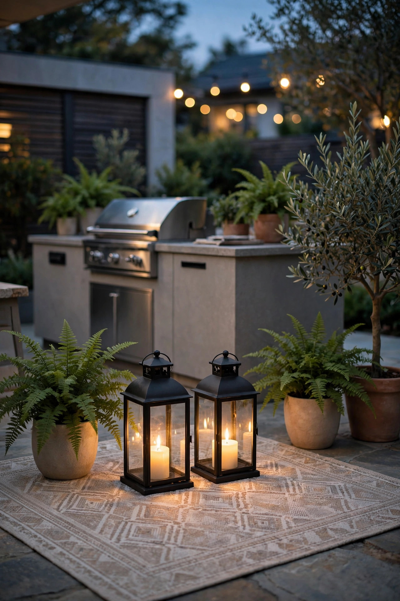 Lanterns and a patterned outdoor rug adding warmth to the patio kitchen