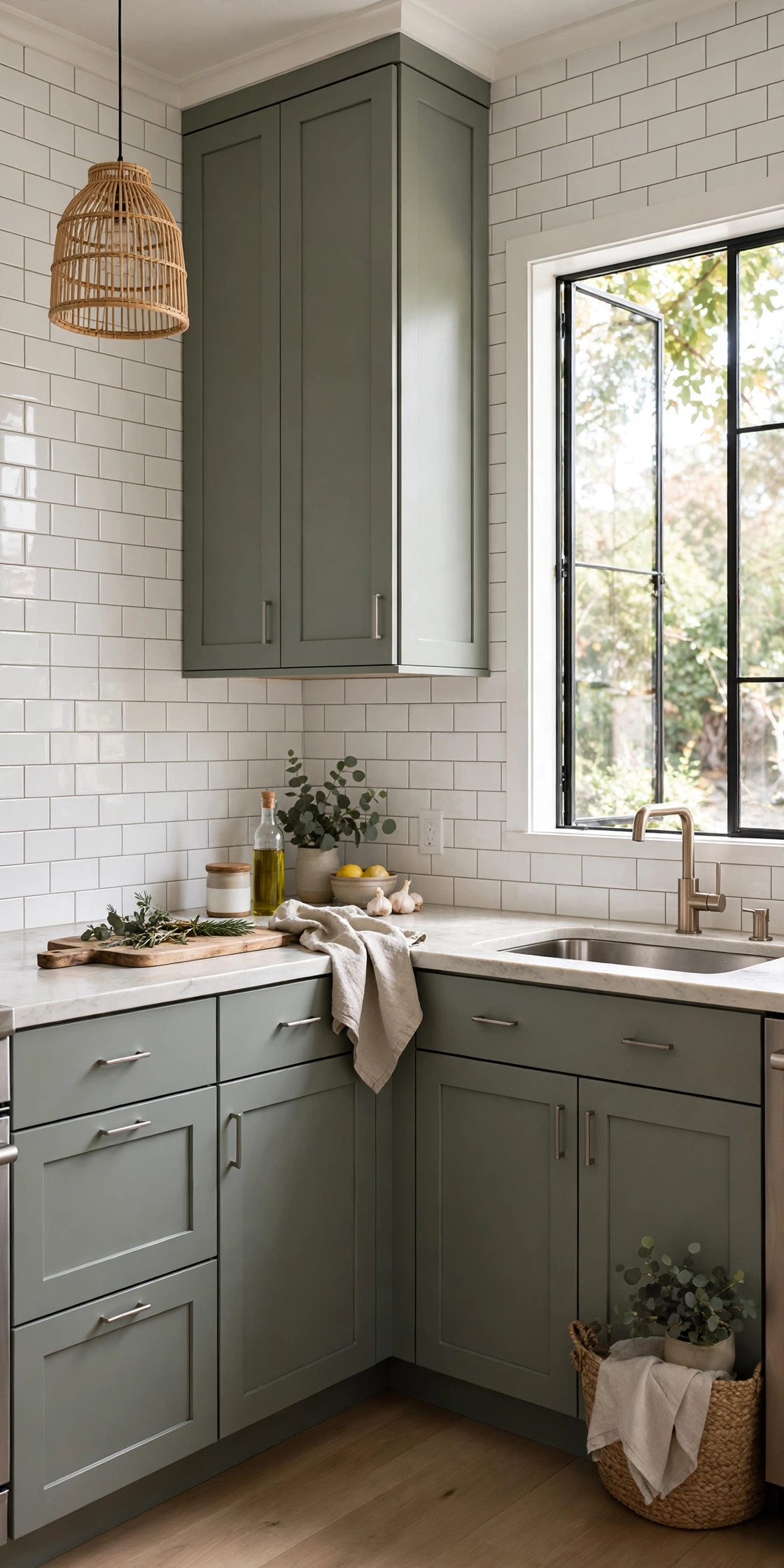 Muted Green Subway Tile Kitchen
