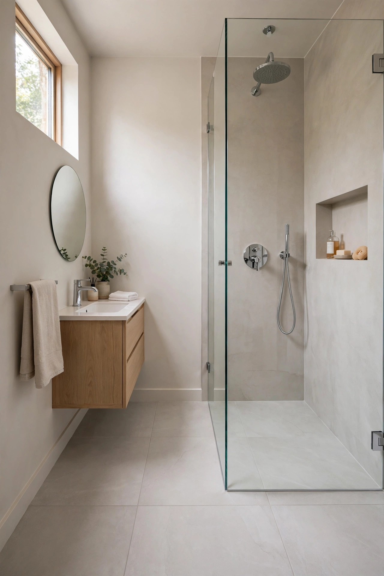 Light gray floor tiles running continuously into a curbless shower.