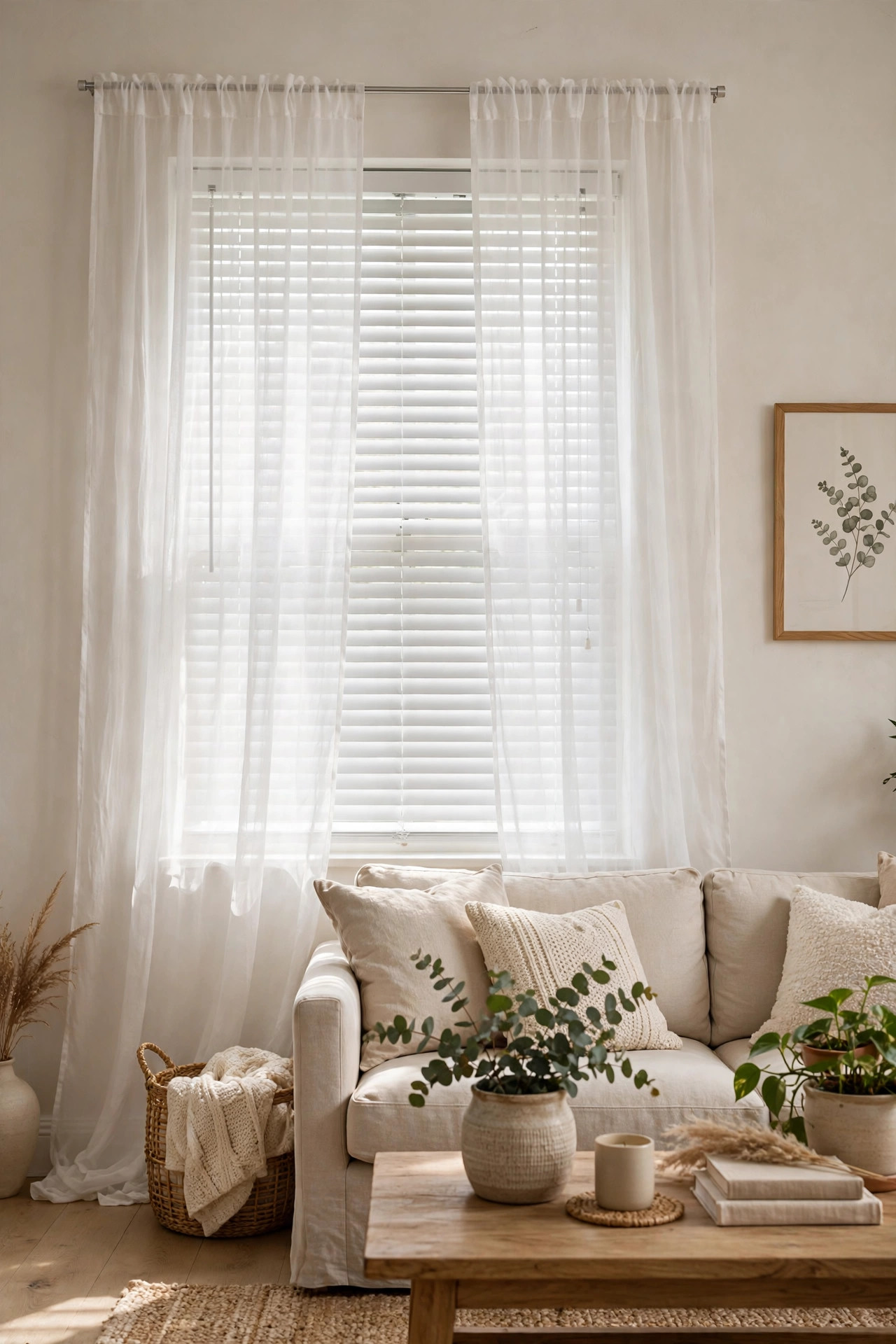 Sheer Curtains Layered Over Existing Blinds