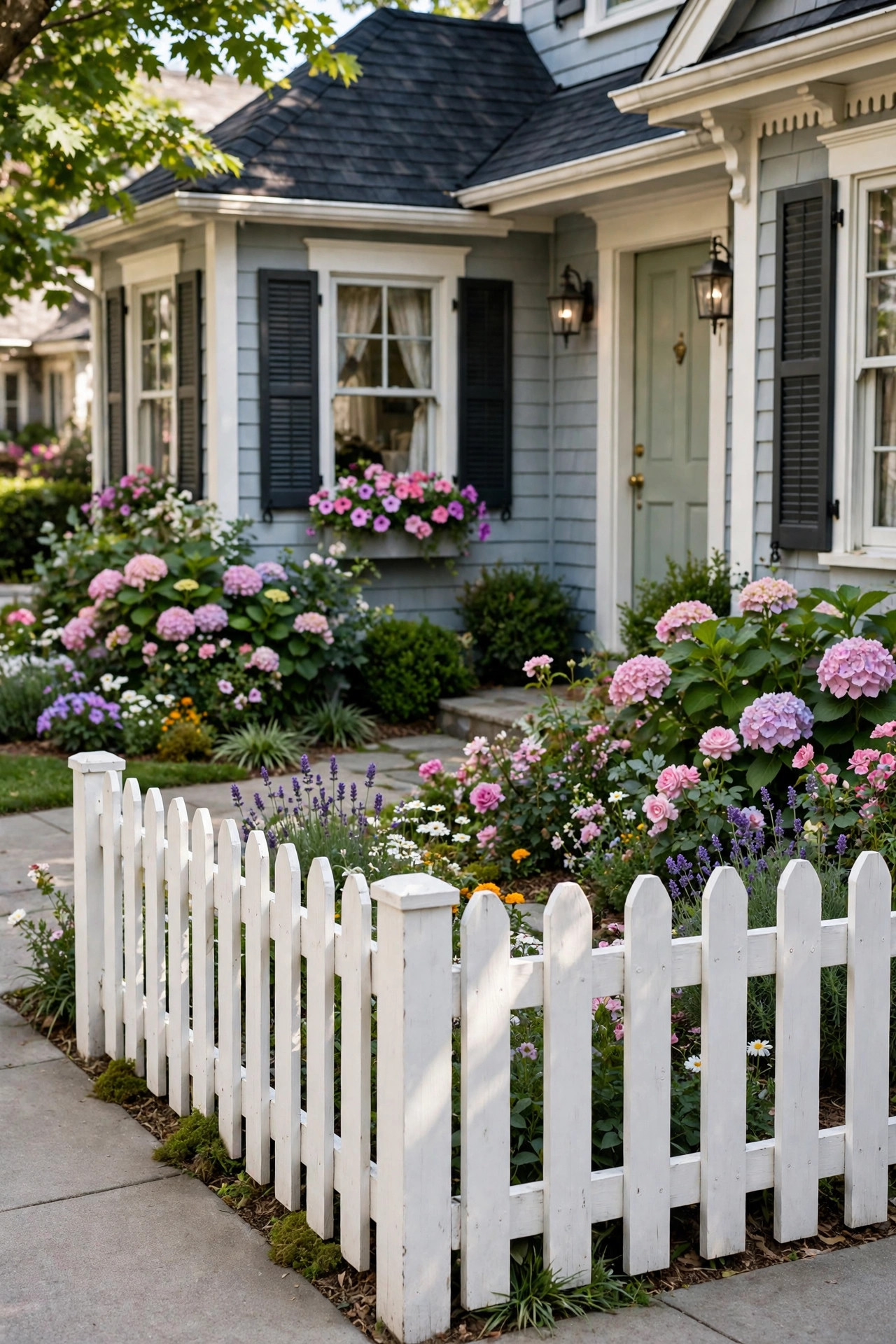 Small Front Yard Landscaping Ideas With Big Impact 20 Short white picket fence section along a small front yard sidewalk.