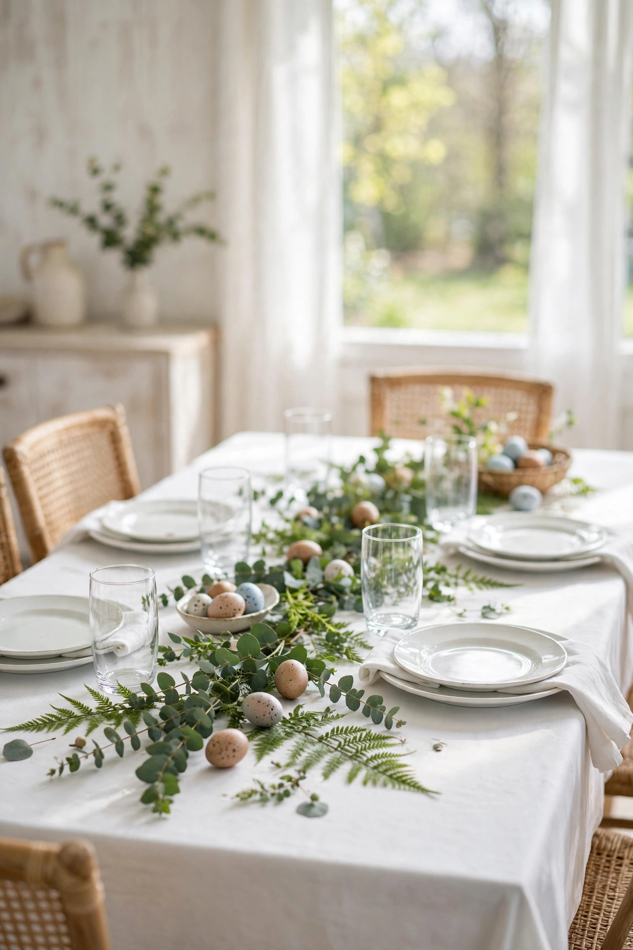 Crisp white table with loose fresh green eucalyptus down the center