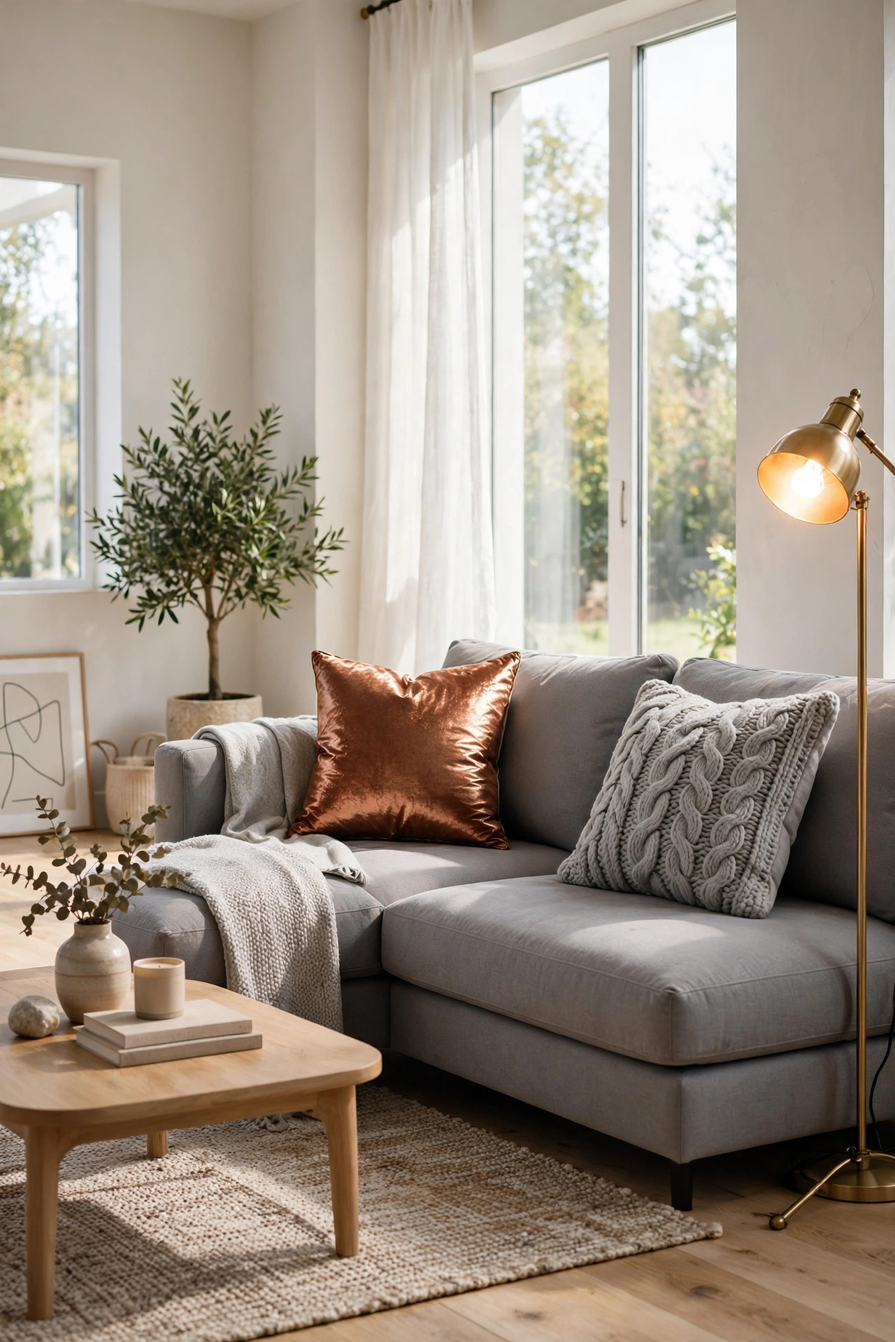 Linen sofa styled with a slate blue gray velvet pillow and a light beige chunky knit pillow in Scandinavian styling