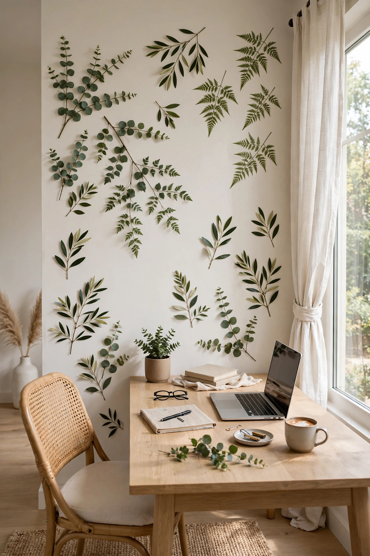 Home office wall with botanical static cling decals around a desk.