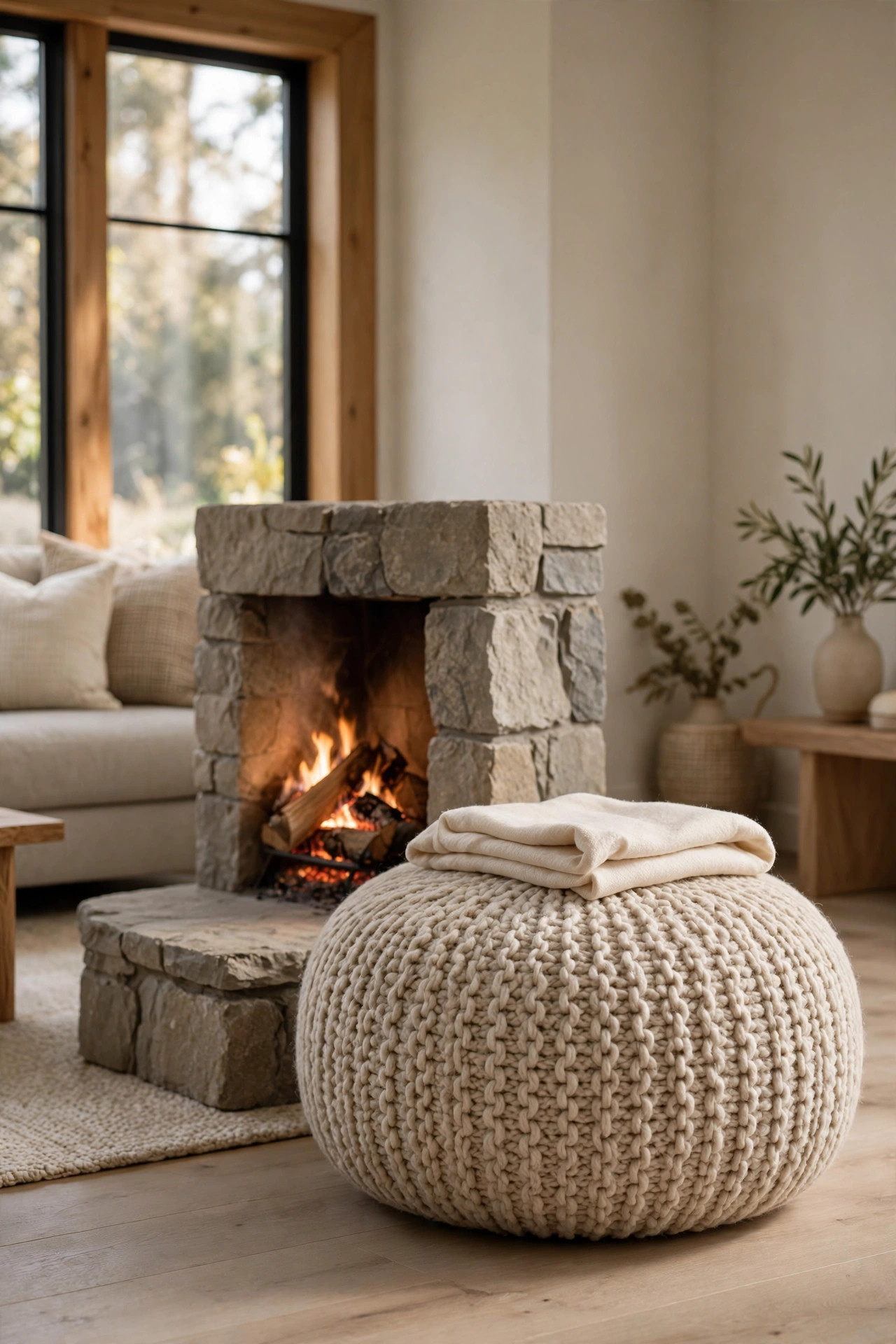 Cozy Winter Home Decor Ideas for After the Holidays 20 Round natural wool pouf beside a stone fireplace with a folded throw on top
