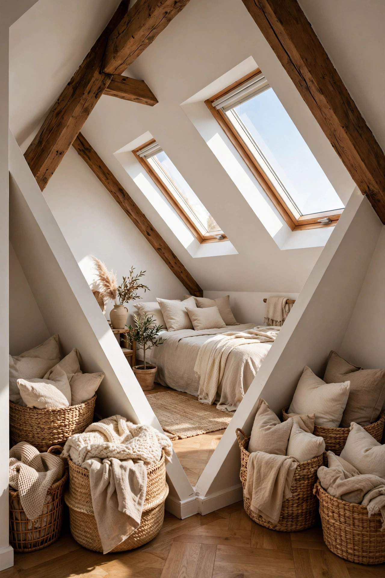 Woven baskets tucked into awkward triangular corners of an attic bedroom.