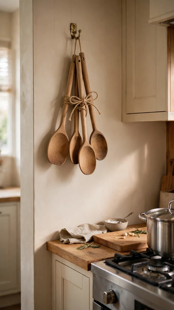 A set of wooden spoons tied with twine hanging from a brass hook by a stove, with a cutting board and a pot beside them.