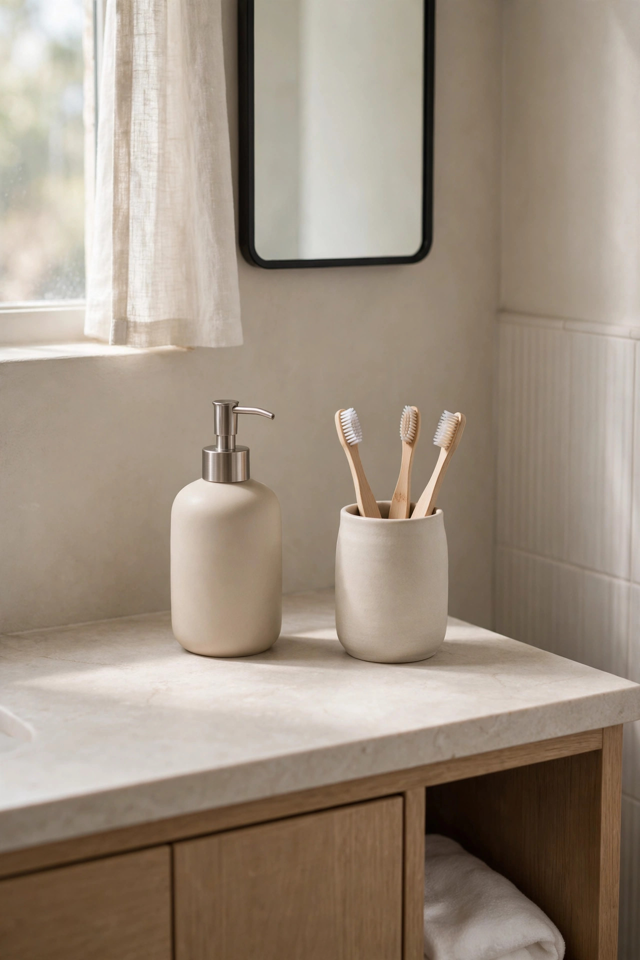 Minimal small bathroom vanity with only a soap dispenser and toothbrush holder.