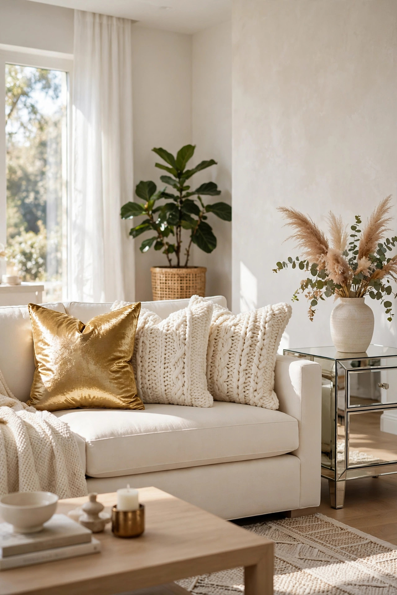 Elegant cream sofa styled with a shimmering gold velvet pillow and ivory chunky knit pillows with a mirrored table