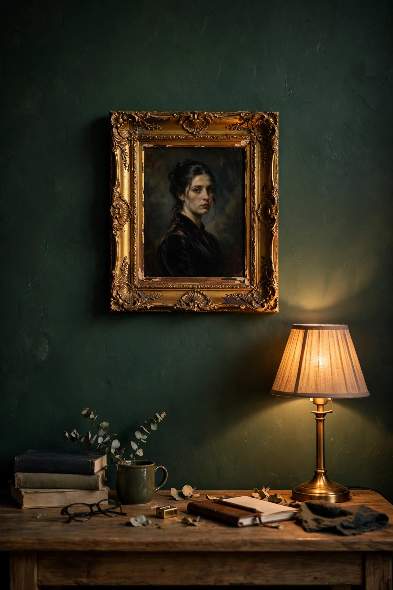 21 Dark Academia Room Decor Ideas That Feel Like an Old Library 21 Moody oil portrait in an ornate chipped gold frame on a green wall