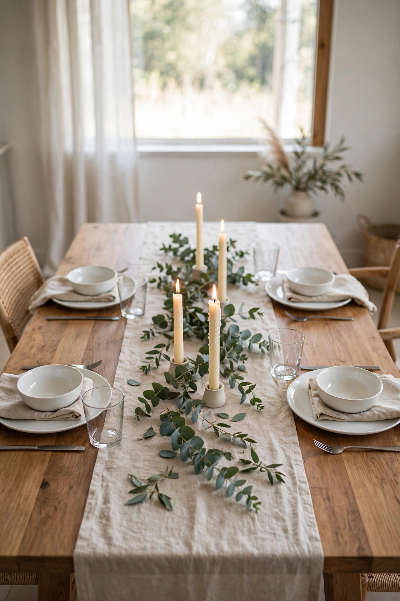 Cozy Winter Home Decor Ideas for After the Holidays 21 Dining table set with a linen runner, white dishes, eucalyptus sprigs, and glowing taper candles