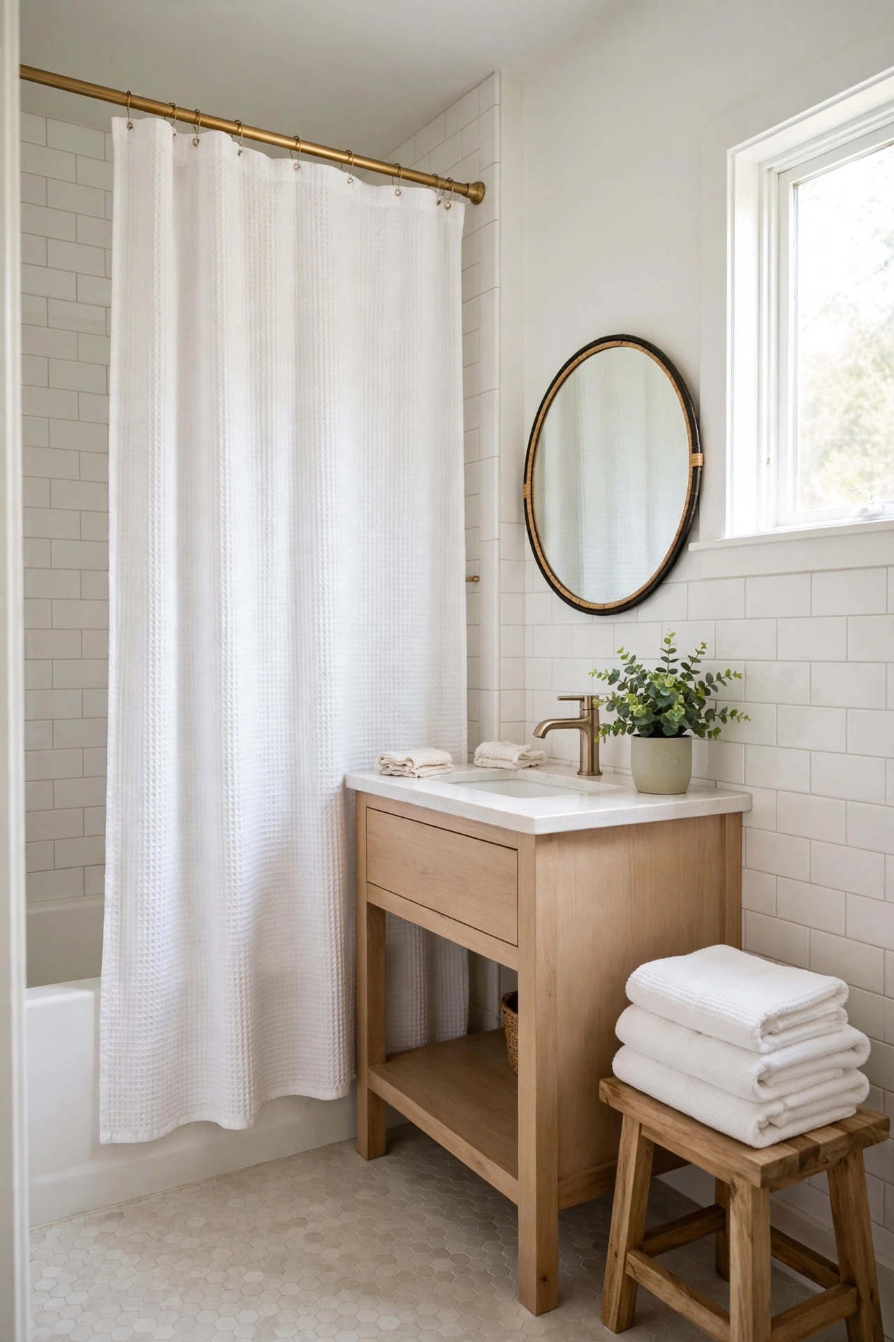 22 Decor Ideas Under $50 That Change Everything 21 Bright bathroom with a white waffle weave shower curtain and folded towels