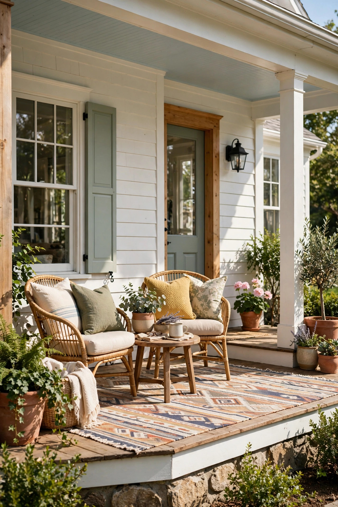 Small Front Yard Landscaping Ideas With Big Impact 21 Front porch with a patterned outdoor rug under chairs and a table.