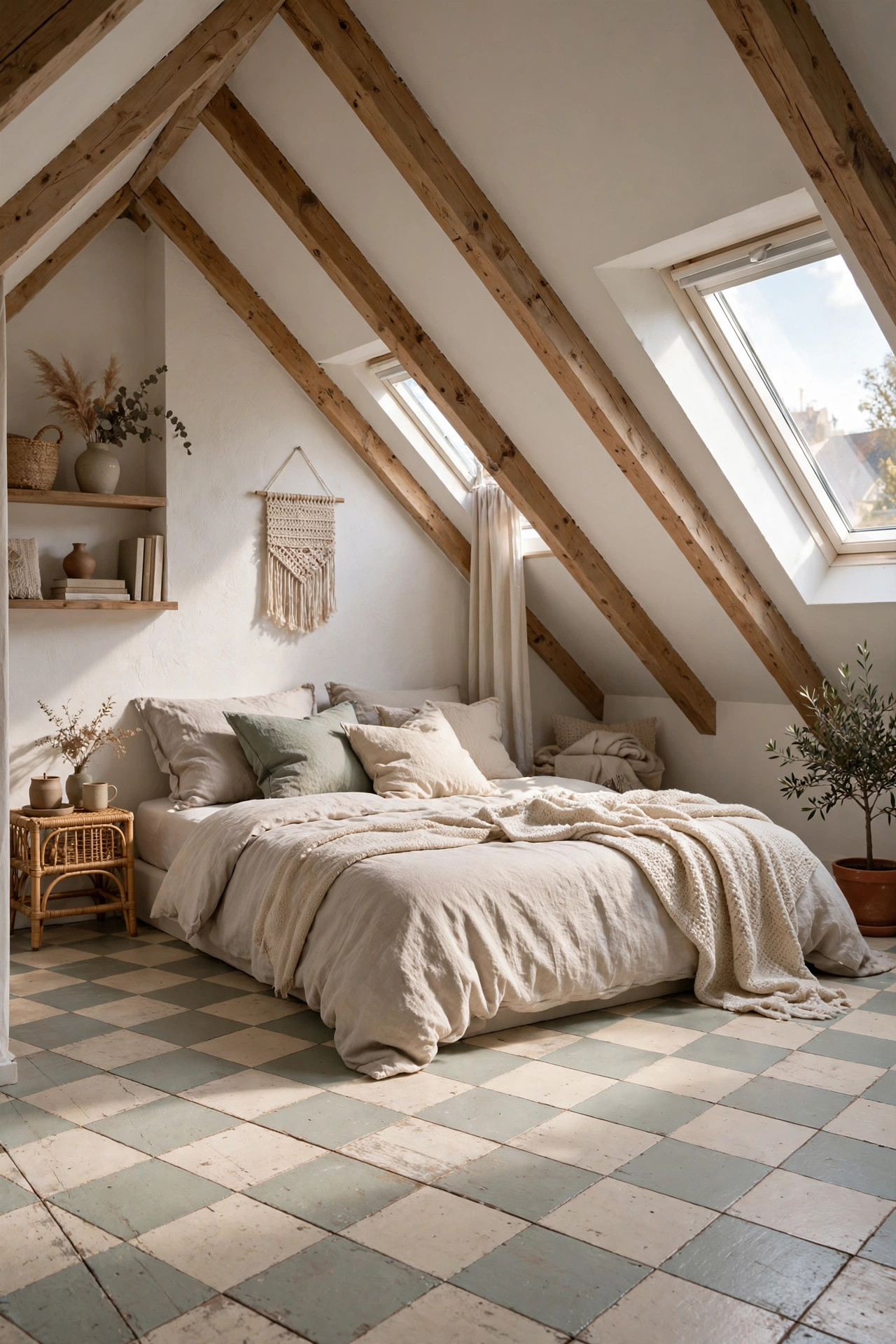 Painted attic floorboards in a soft muted pattern under a cozy bedroom.
