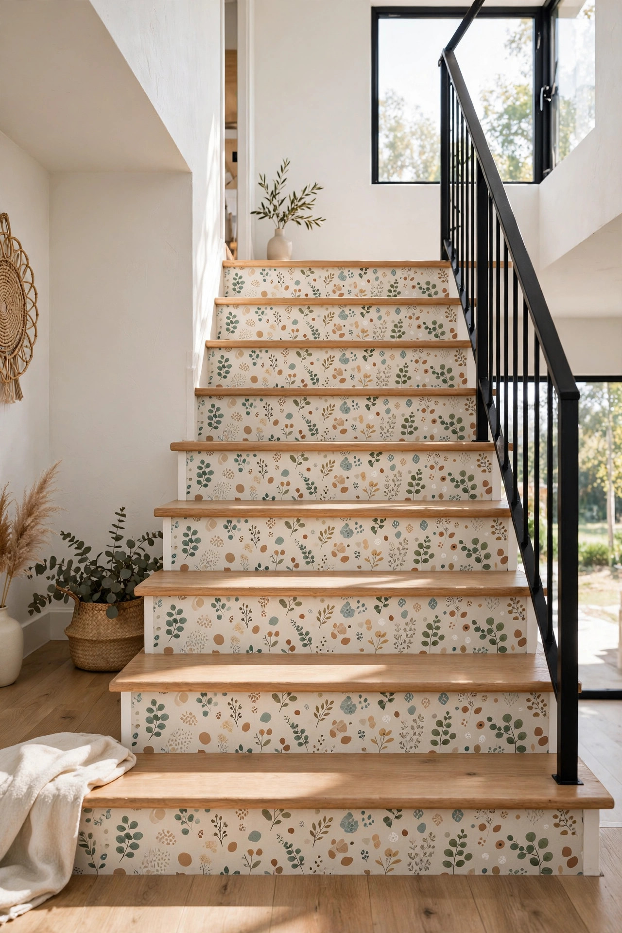Staircase with decorative patterned peel and stick wallpaper on the risers.