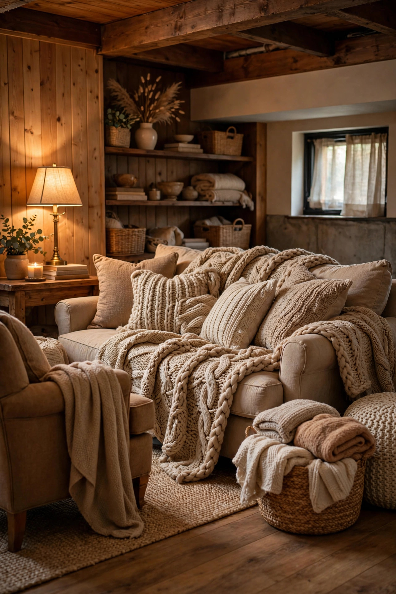 A basement family room sofa piled with knit throws and soft cushions in warm neutral tones.