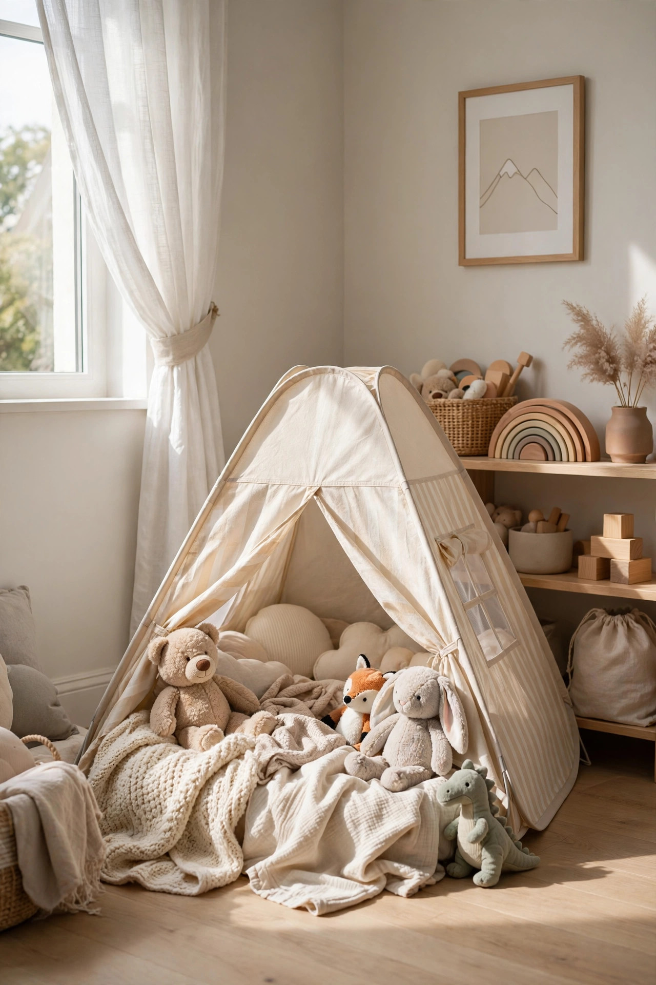 Small pop-up tent with blankets in the corner of a kids room.