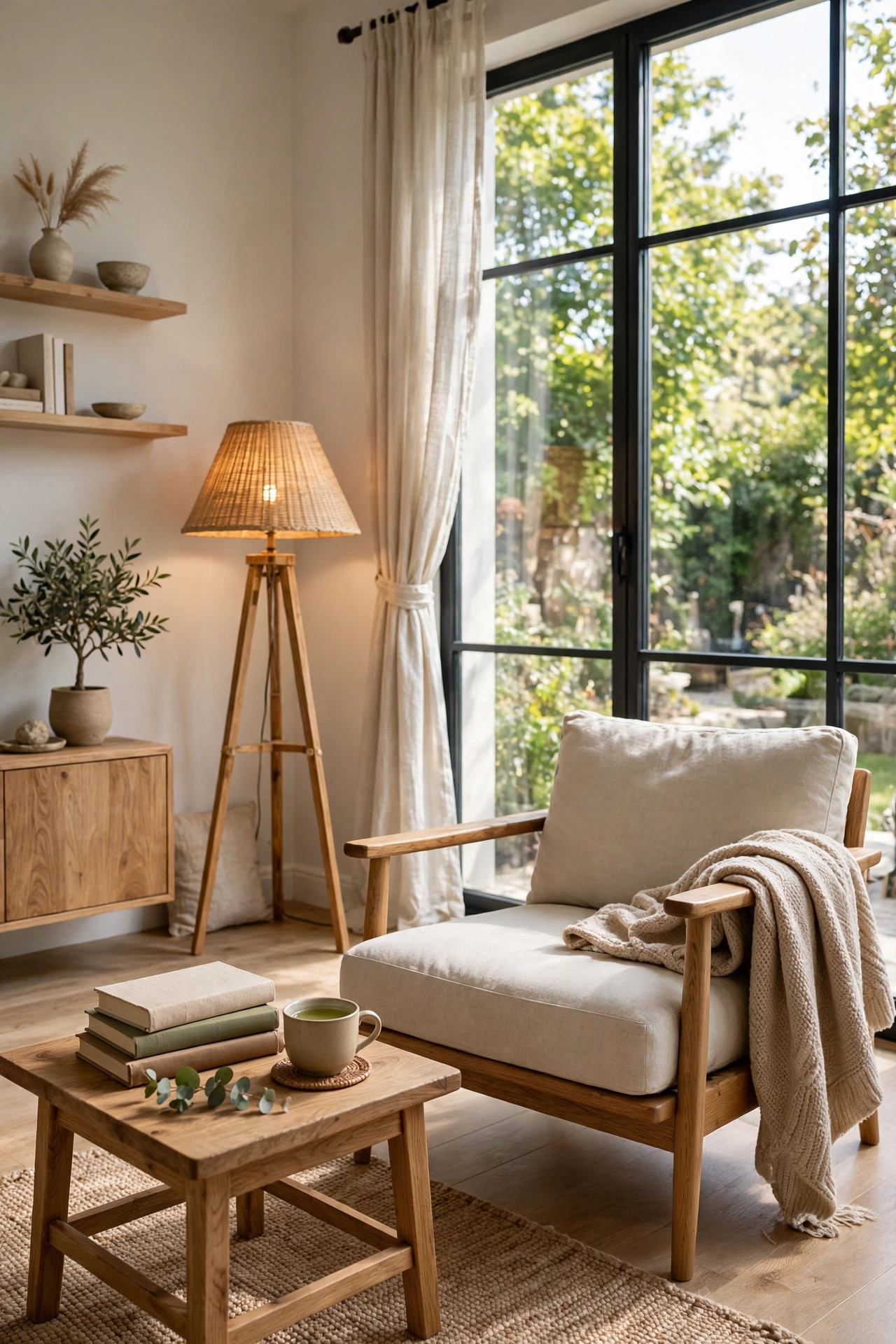 Quiet reading corner with a low armchair by a large window, side table with books and tea