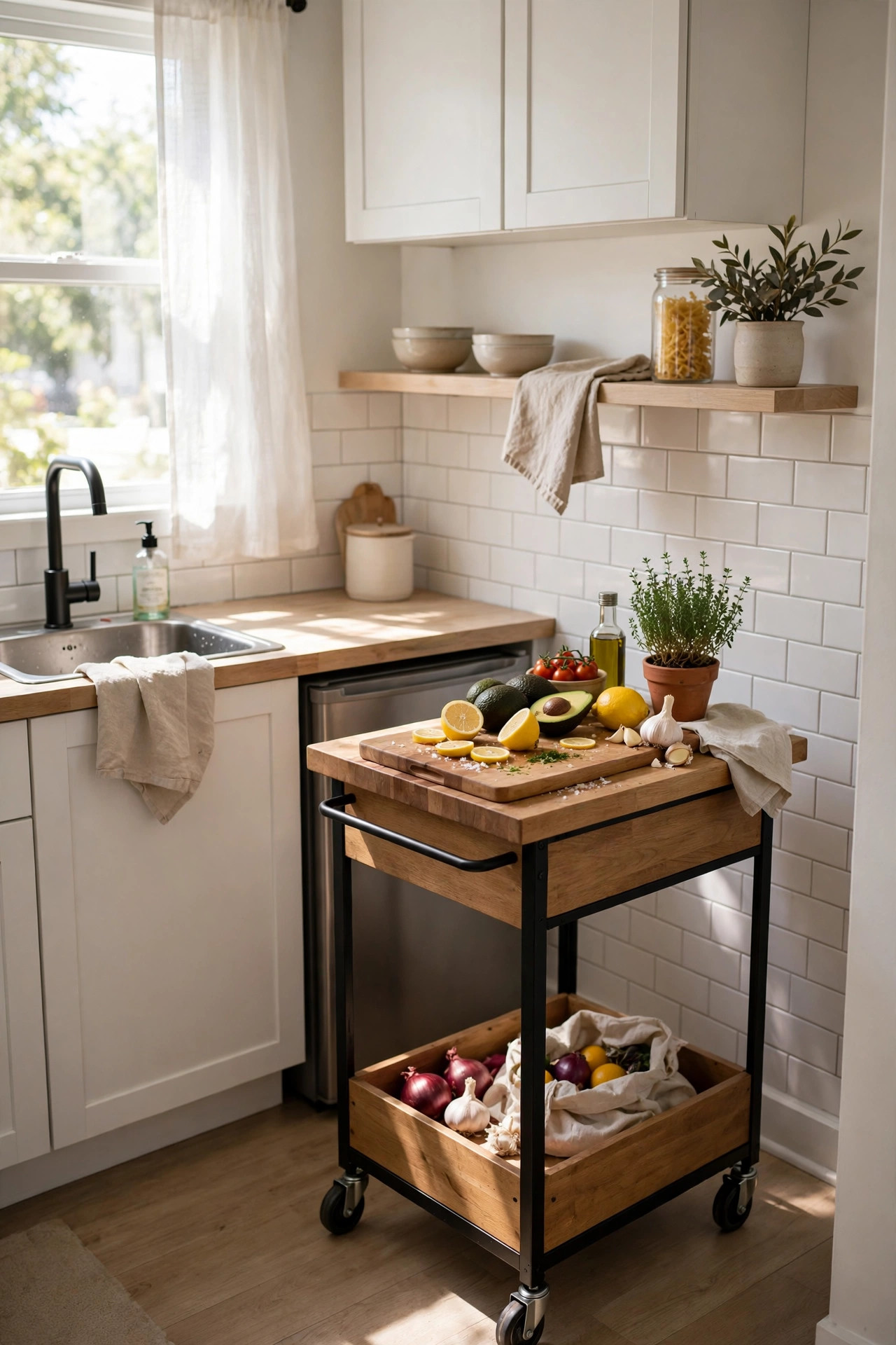 Small kitchen with a rolling island cart holding a cutting board and produce.