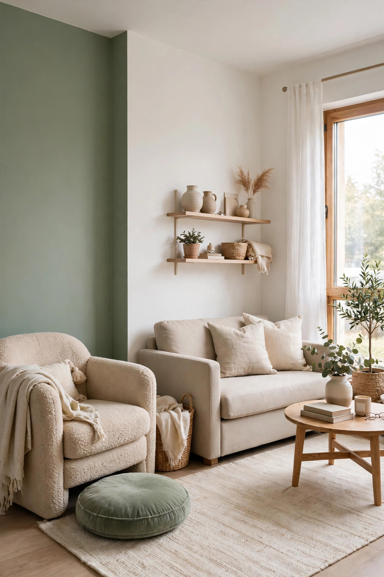 Warm white living room with one cozy sage green accent corner holding a small armchair