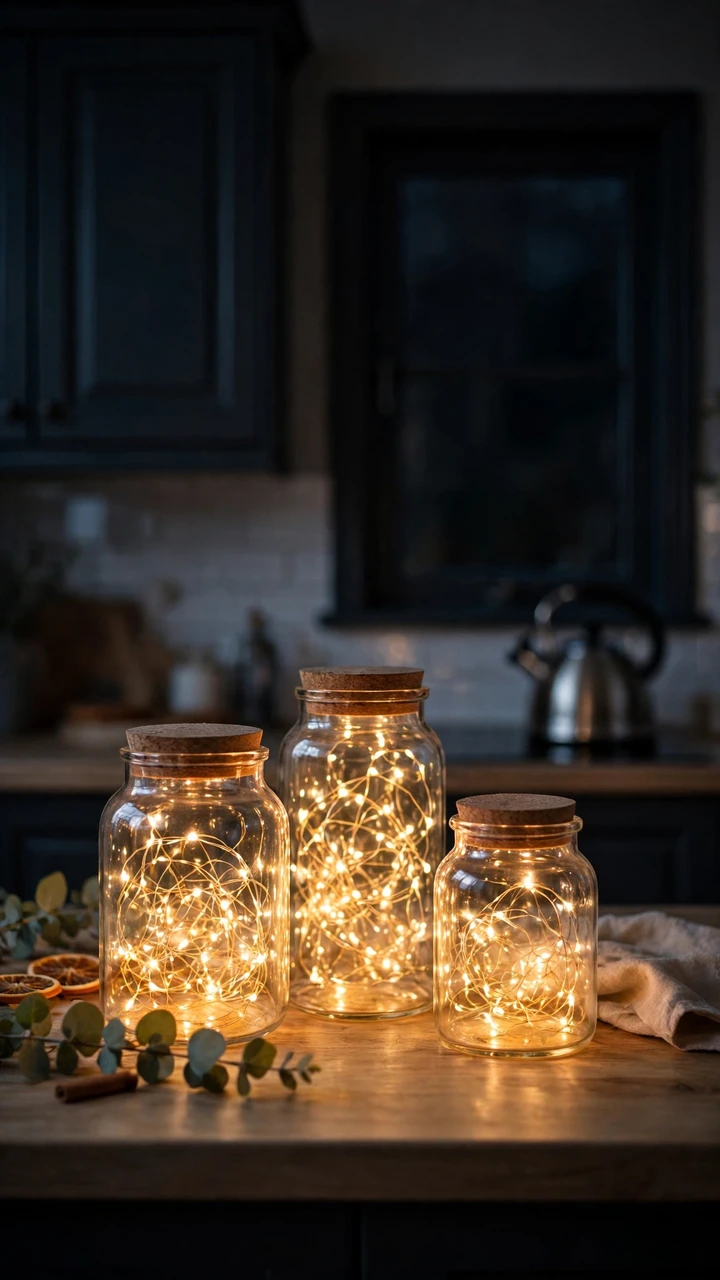 Three glass jars with fairy lights glowing inside them on a kitchen counter at night, with cabinets and a kettle behind them.