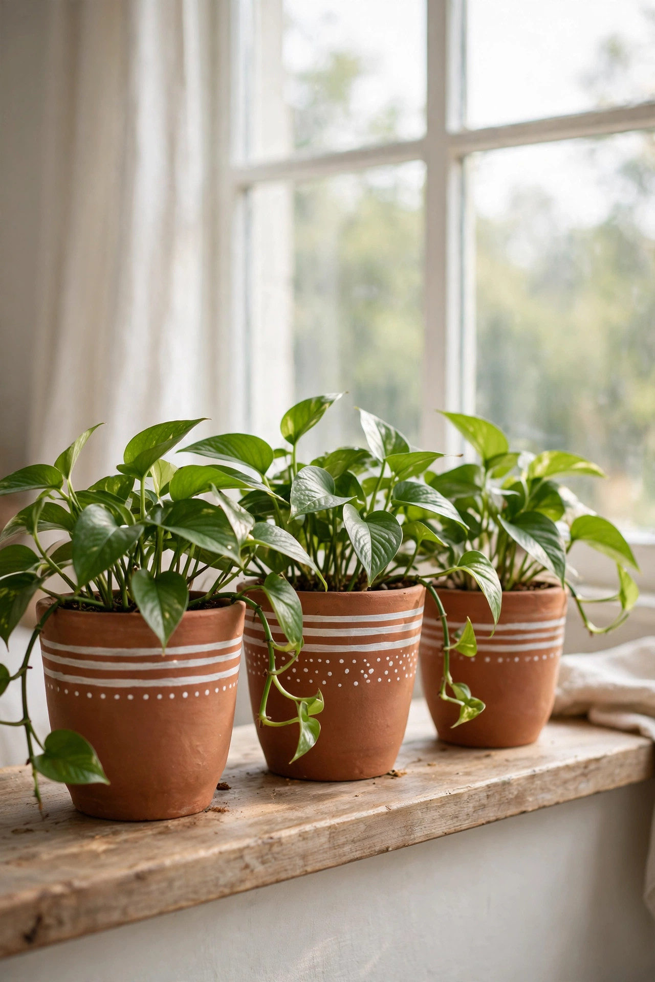 22 Decor Ideas Under $50 That Change Everything 22 Hand painted terracotta pots with white stripes holding pothos plants on a windowsill