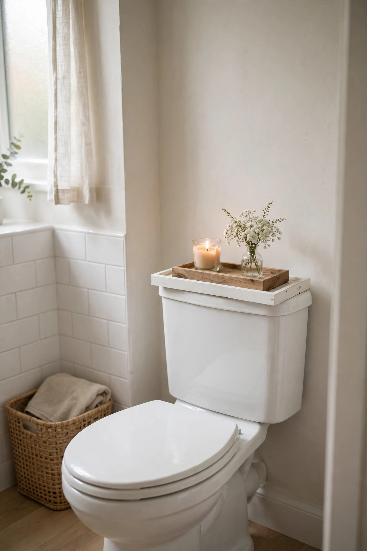 White tray with a candle and small vase styled on a toilet tank.