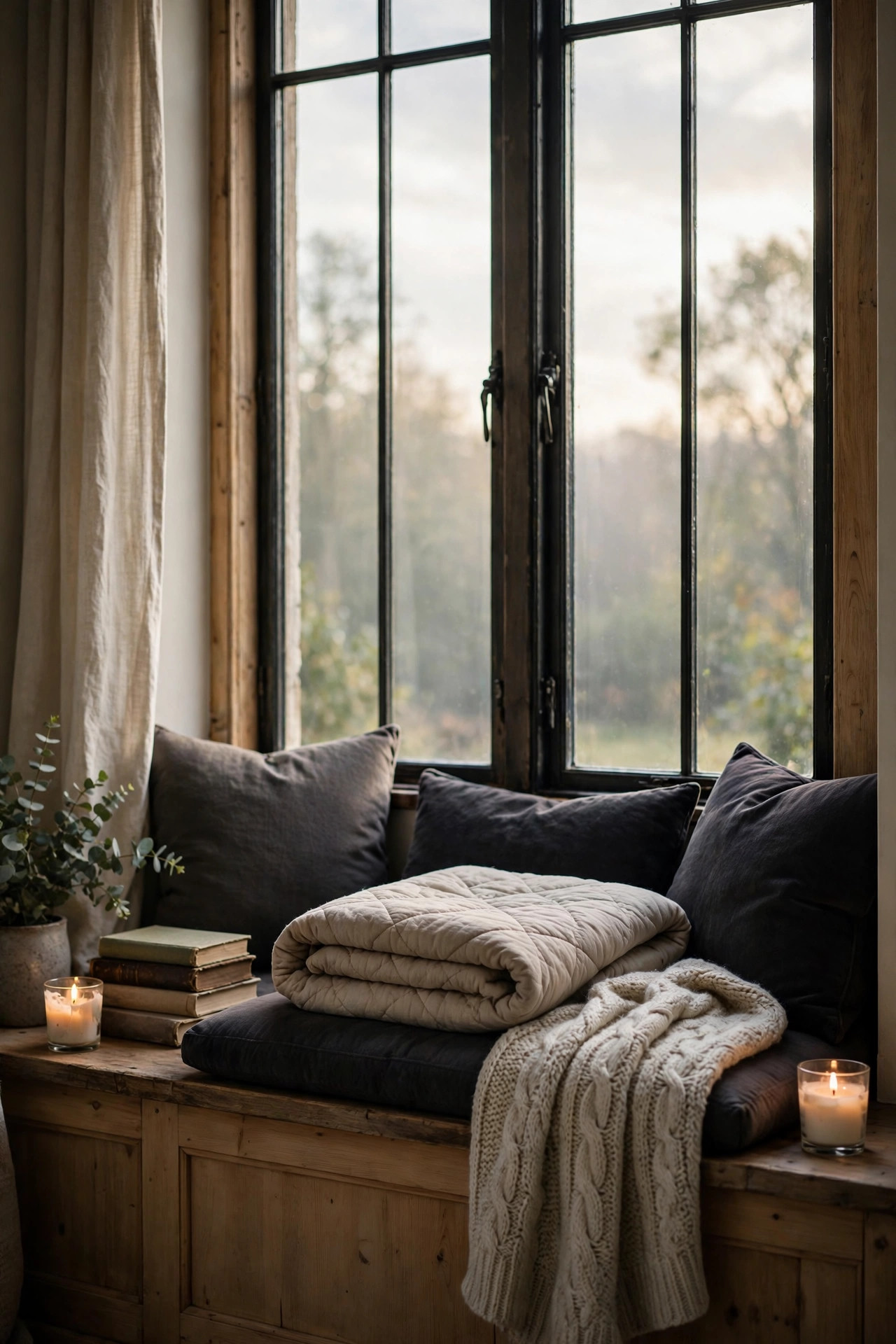 21 Dark Academia Room Decor Ideas That Feel Like an Old Library 22 Cozy window seat with quilt, dark cushions and small stacks of books
