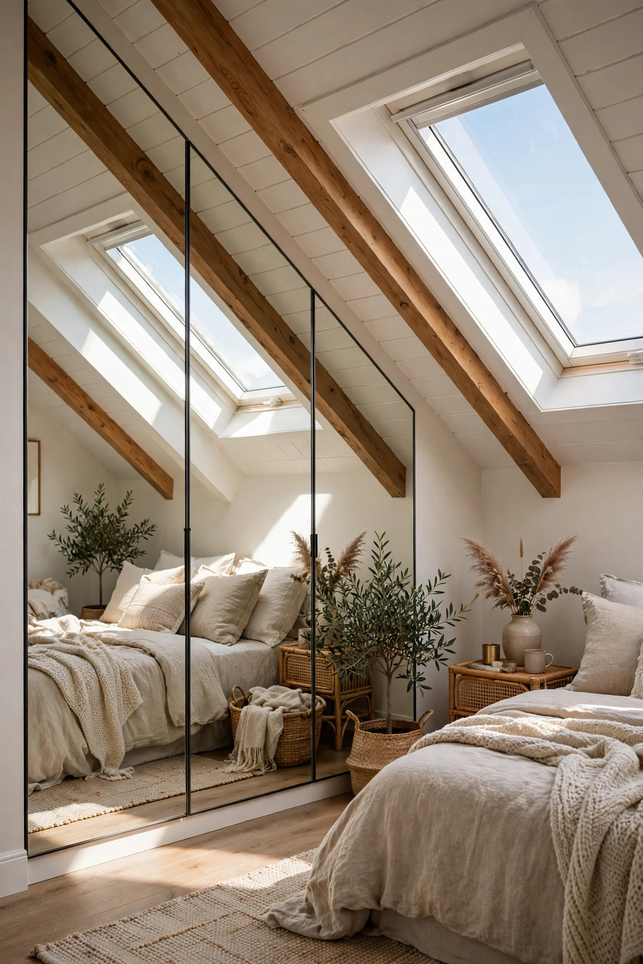Mirrored closet doors along an attic knee wall reflecting light into the bedroom.