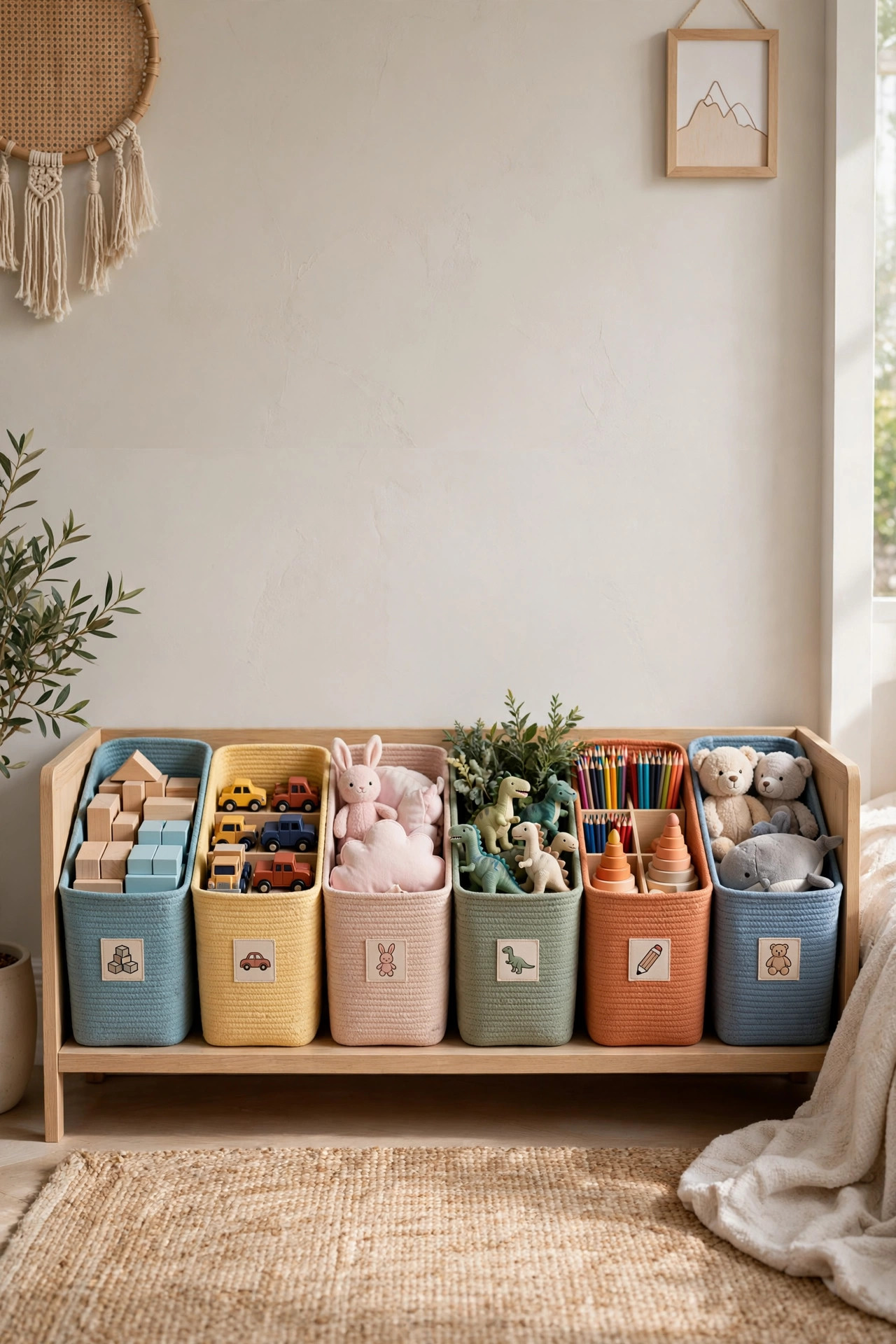 Labeled toy bins with picture labels on shelves in a kids bedroom.