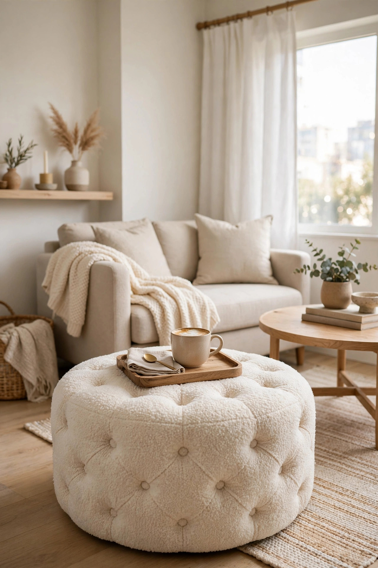 Round tufted cream ottoman in front of a loveseat with a wooden tray and a cup on top