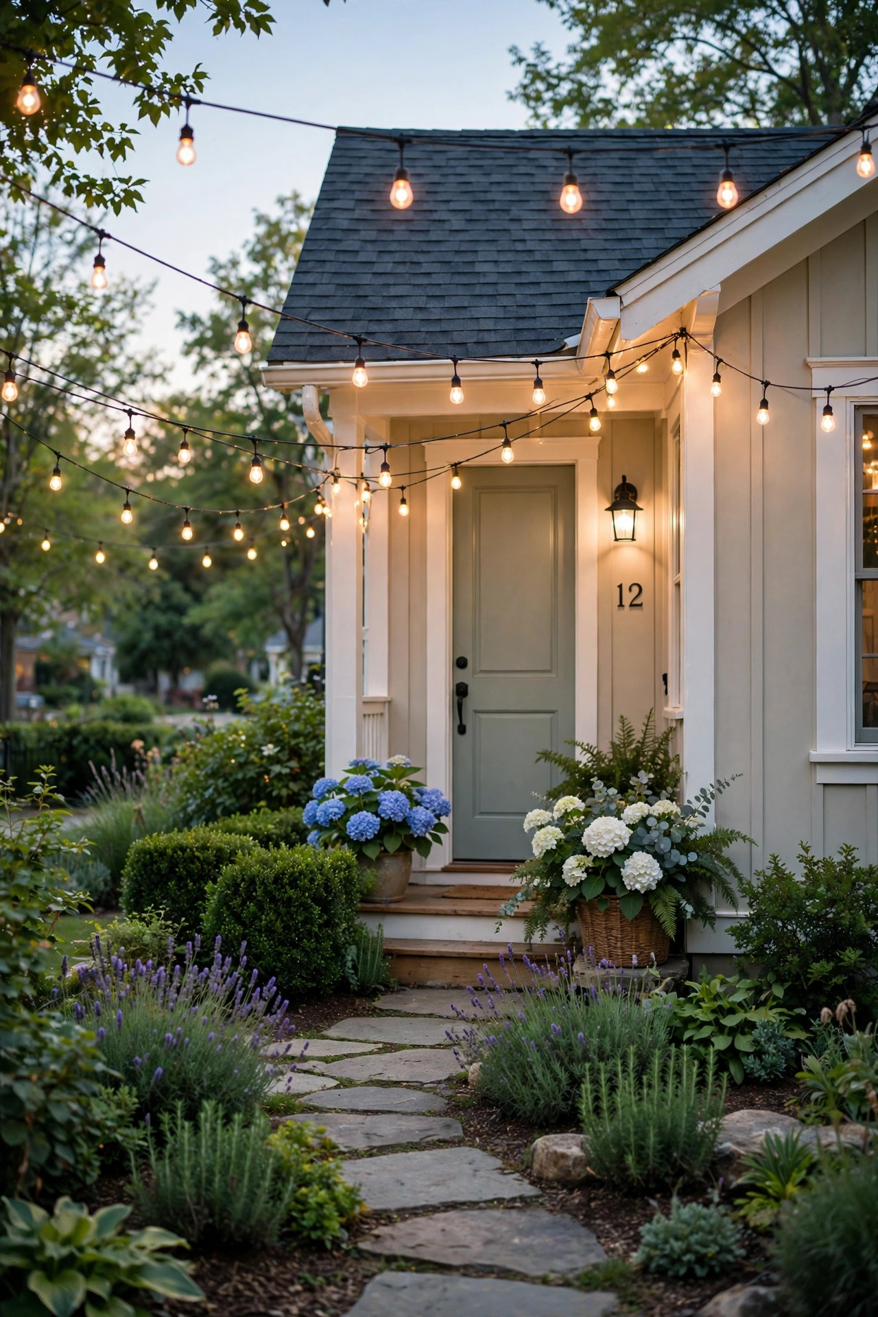 Small Front Yard Landscaping Ideas With Big Impact 22 Warm string lights draped over a small house entry path.