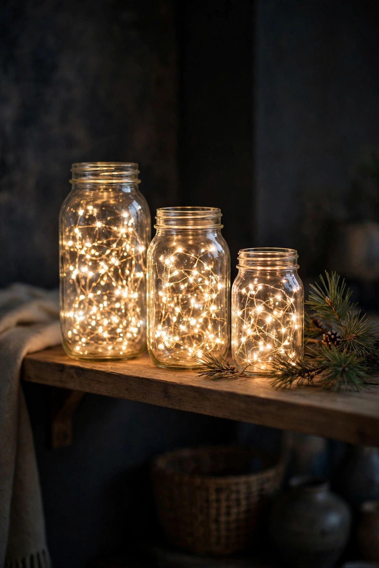 Cozy Winter Home Decor Ideas for After the Holidays 22 Three glass mason jars filled with warm white fairy lights glowing on a wooden shelf