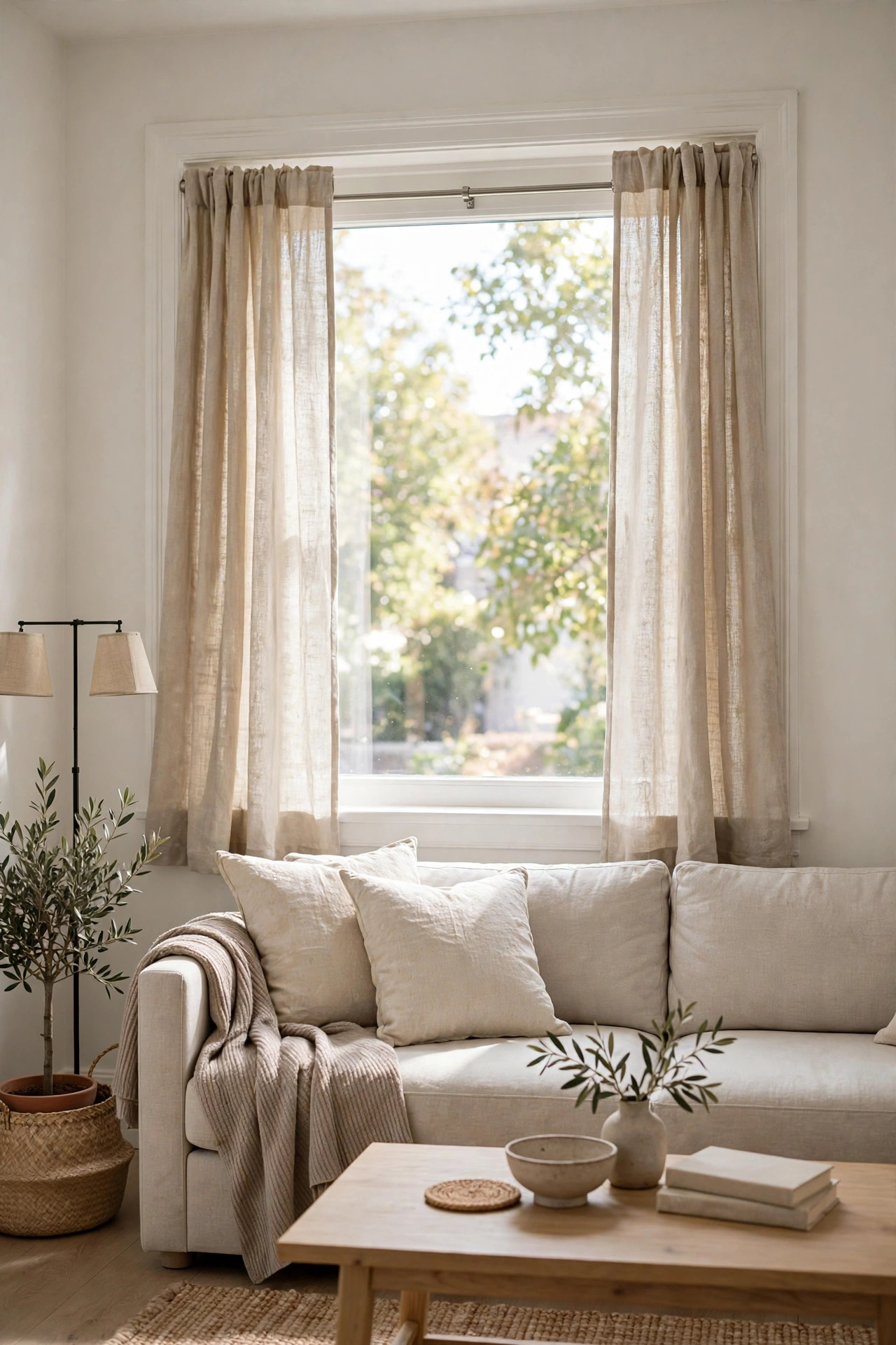 Living room window with linen curtains on a twist fit tension rod.