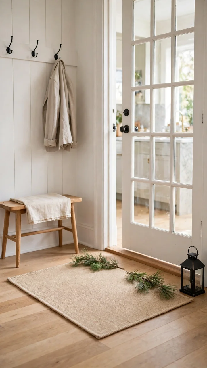 A woven welcome mat with pine sprigs and a small black lantern beside a glass kitchen door, with coat hooks and a bench nearby.