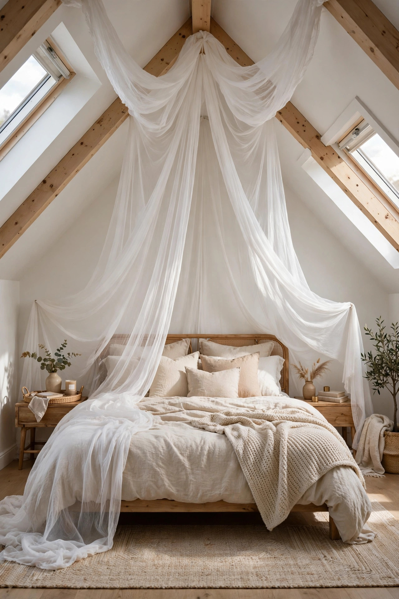 Sheer canopy draped from the peak of an attic ceiling over a cozy bed.