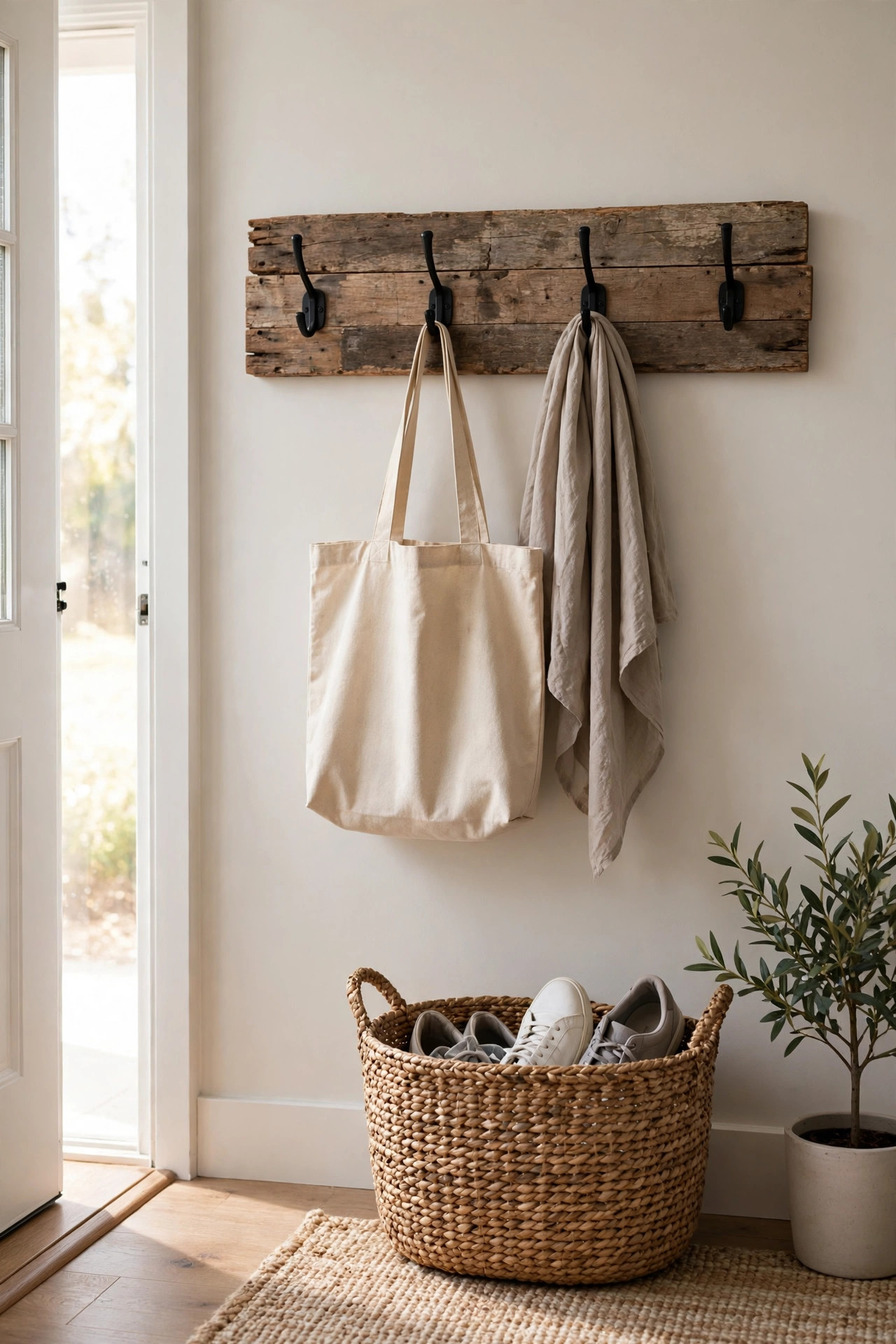 22 Decor Ideas Under $50 That Change Everything 23 Salvaged wood board with black hooks holding a tote bag and scarf in an entryway