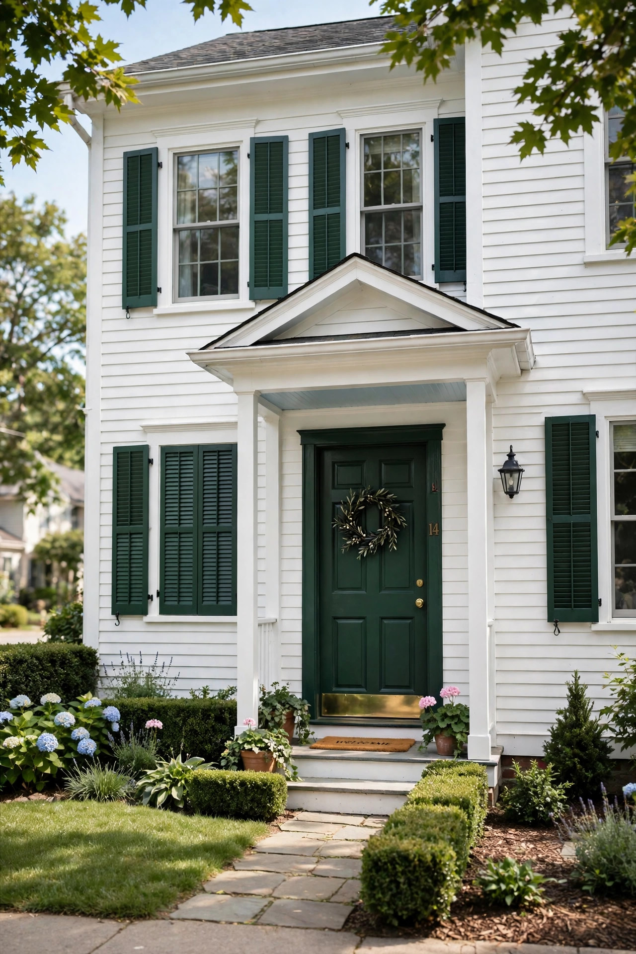 Small Front Yard Landscaping Ideas With Big Impact 23 House with dark green shutters painted to match the front door.