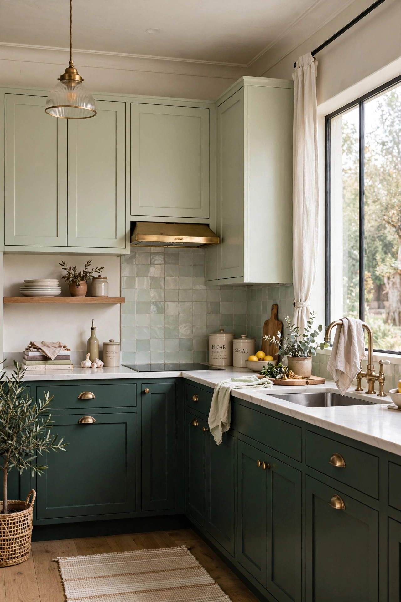Tonal two-tone green kitchen cabinets