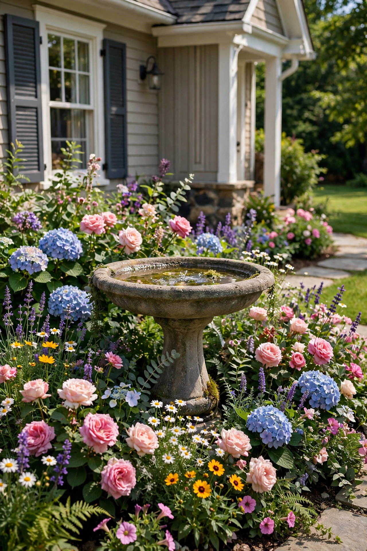 Small Front Yard Landscaping Ideas With Big Impact 24 Stone birdbath as a centerpiece in a flower bed.