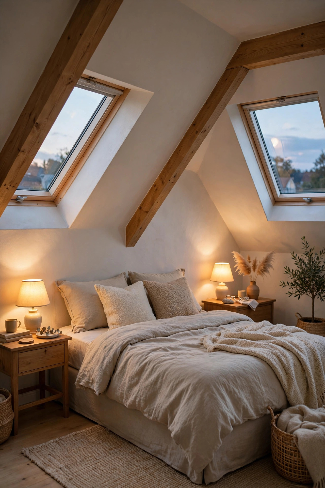 Two warm glowing table lamps on nightstands beside a bed in an attic bedroom.