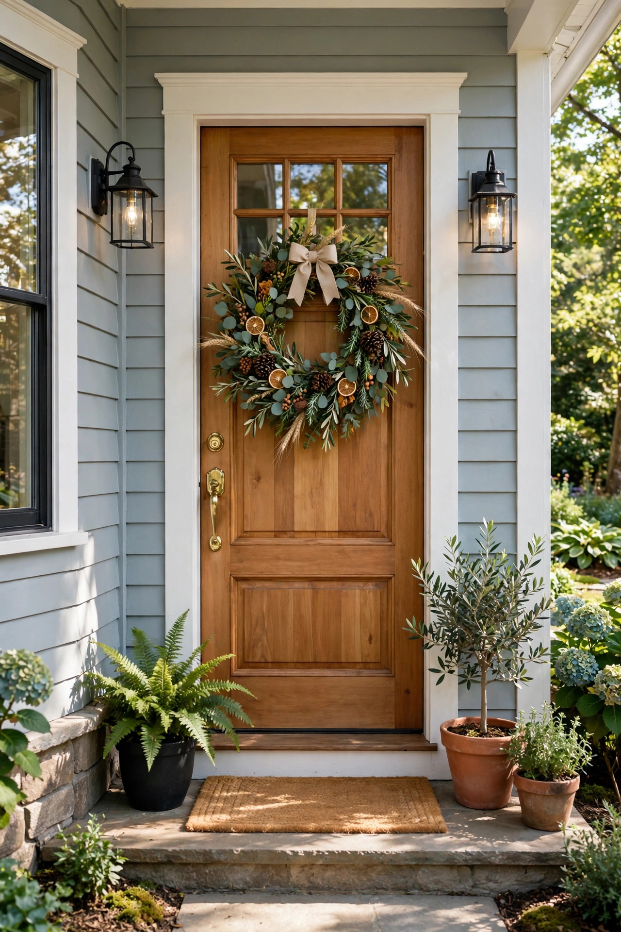 Small Front Yard Landscaping Ideas With Big Impact 25 Front door with a lush seasonal wreath on a tidy porch.