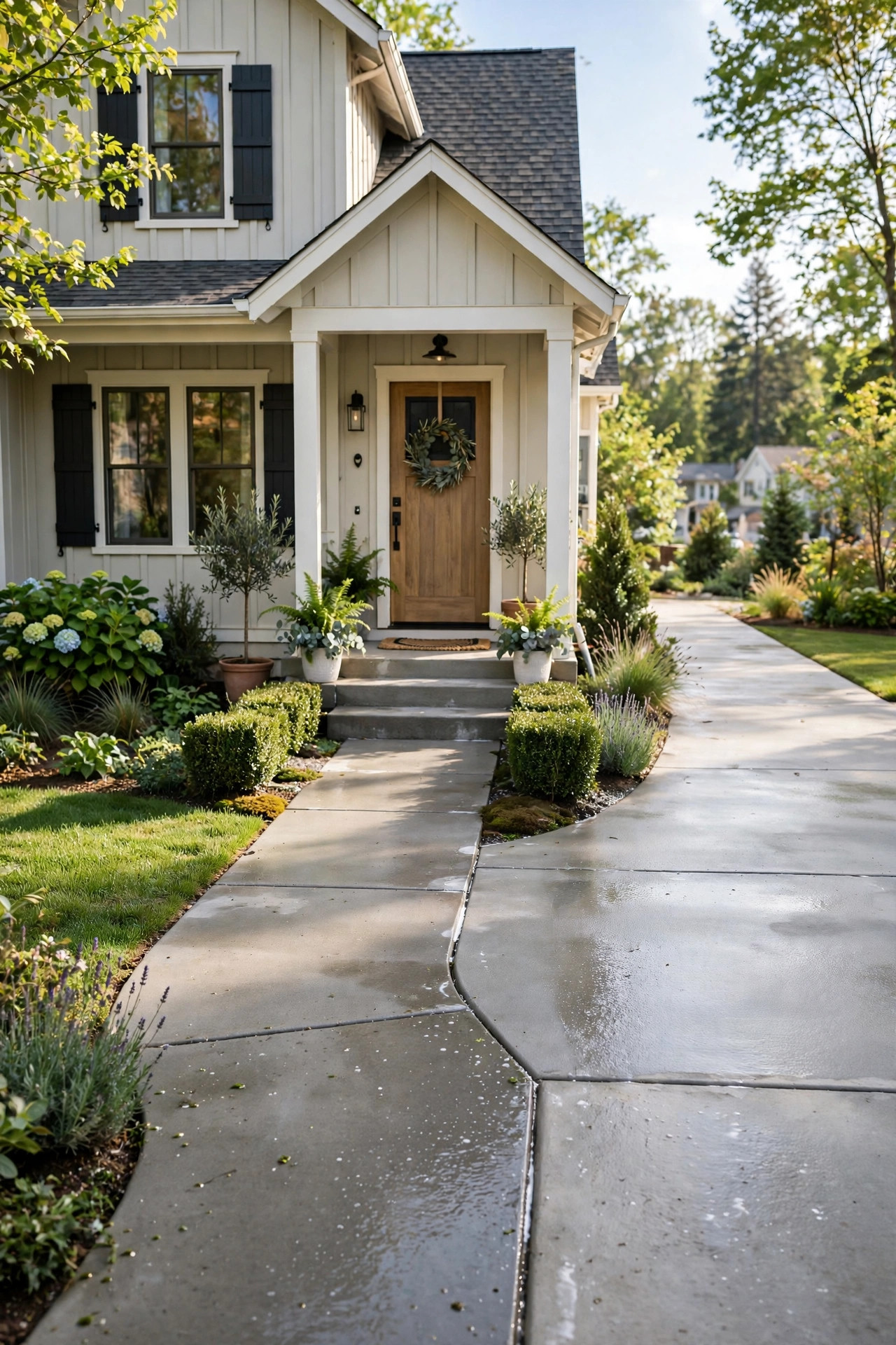 Small Front Yard Landscaping Ideas With Big Impact 26 Freshly power washed walkway and driveway leading to a house.