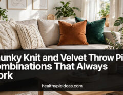 Chunky knit and velvet throw pillows styled on a bright living room sofa