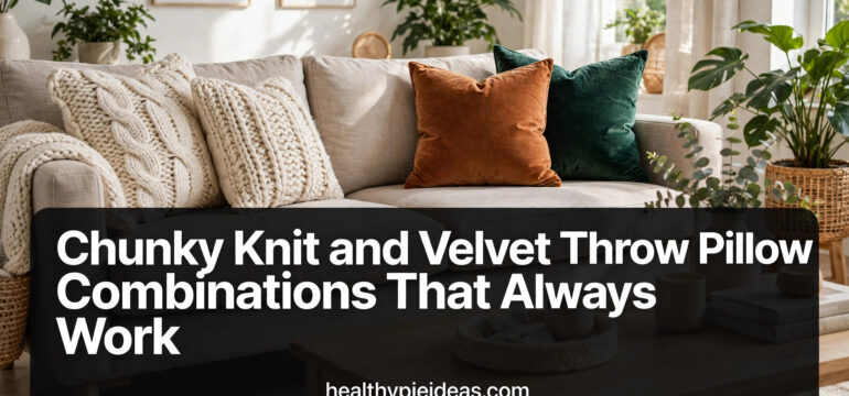 Chunky knit and velvet throw pillows styled on a bright living room sofa